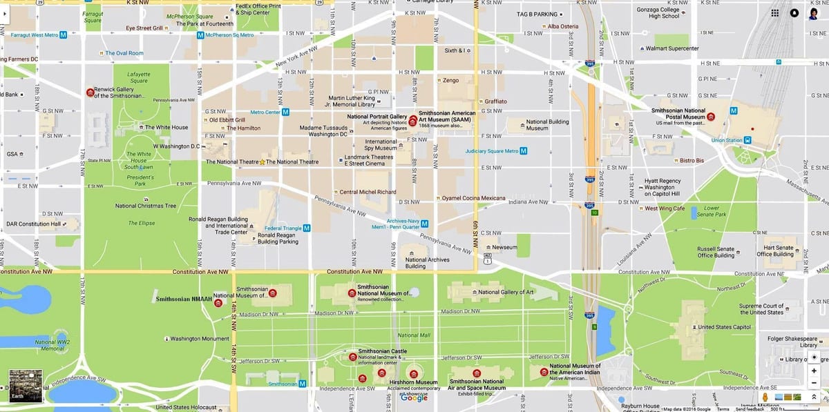 kort af national mall og söfn